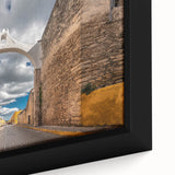 Extra large framed canvas of a textured Yucatan scenery in black with colorful accents, suitable for living room decor.