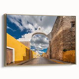 Framed canvas of a black and white Yucatan landscape, ideal for bedroom wall art with a vintage poster style.