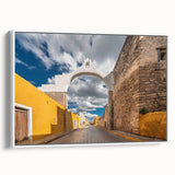 Landscape art painting of Yucatán, Mexico on framed canvas, featuring vibrant, colorful art with black border.
