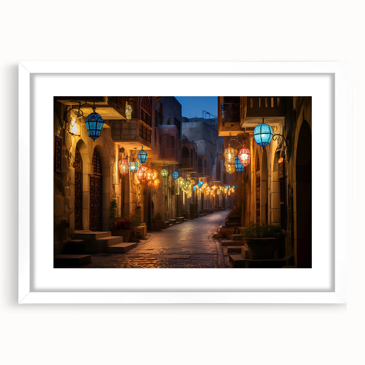 Abstract art print of Dubai skyline in muted gray and blue tones on a framed white mat, suitable for dining room decor.