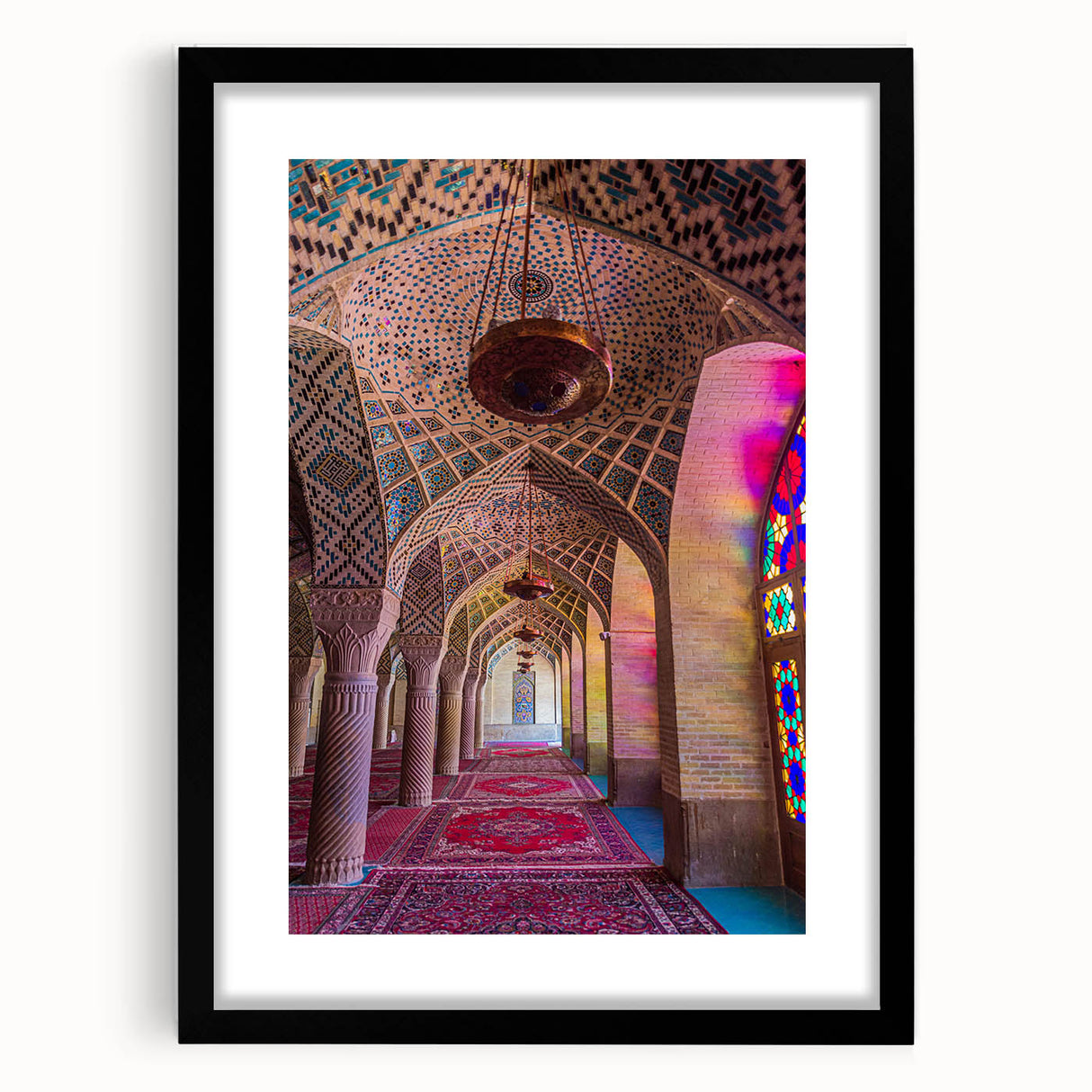 Extra large abstract art print depicting a colorful, textured Middle Eastern scenery on a framed black mat.