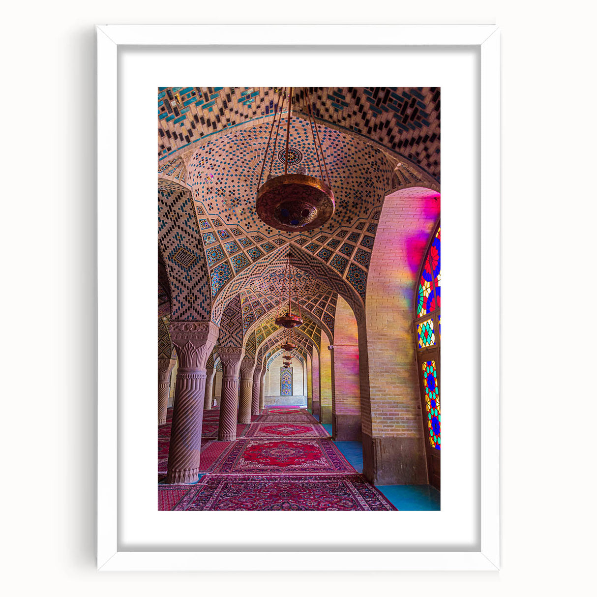 Abstract art print of a Middle Eastern scenery in muted earth tones on a white framed mat, ideal for dining room decor.