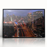 Large abstract wall art depicting the Tel Aviv skyline in muted gray and blue tones on a framed acrylic panel.