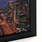Extra large framed canvas of Tel Aviv skyline in black with colorful, textured details, suited for living room decor.