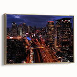 Framed canvas of Tel Aviv landscape in muted gold and black tones, ideal for bedroom wall art.
