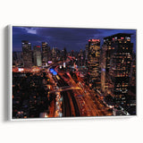 Vintage poster art of Tel Aviv scenery on extra large framed canvas, featuring colorful art in black.