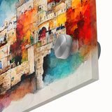 Acrylic glass print of a large abstract depiction of a Middle Eastern landscape in muted earth tones.