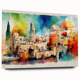 Acrylic glass print of a Middle Eastern landscape, using muted earth tones, suitable for bedroom or dining room decor.