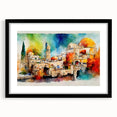Colorful abstract art print of a Middle Eastern scenery in vibrant hues on a large framed canvas.
