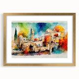 Extra large abstract art print depicting a Middle Eastern scenery, in a gold frame with mat, ideal for living room decor.