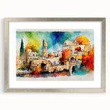 Textured abstract art print of a Middle Eastern landscape in muted earth tones, framed with a silver mat.