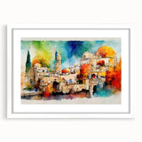 Abstract art print of a Middle Eastern scenery in muted earth tones, framed with a white mat.