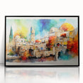Large abstract wall art depicting a Middle Eastern scenery in muted earth tones on a framed acrylic.