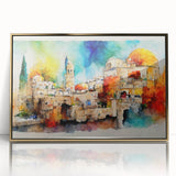 Mid-century modernist style large art print of a Middle Eastern landscape on framed acrylic, featuring gold and earth tones.