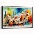 Black and white framed canvas of a Middle Eastern landscape, ideal for bedroom wall decor.