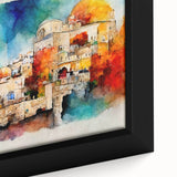 Extra large framed canvas depicting a textured, colorful Middle Eastern scenery, ideal for living room decor.