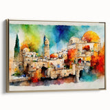 Framed canvas featuring a vintage-style landscape painting of a Middle Eastern scene, predominantly in black and gold tones.