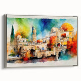 Framed canvas landscape art painting featuring a vintage-style Israeli scenery in muted colors, ideal for living room decor.