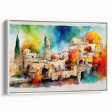 Vintage poster art of a Middle Eastern scenery on framed canvas, featuring vibrant colors, ideal for living room decor.