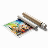Extra large rolled print depicting Middle Eastern scenery with floral motifs in earth tones.