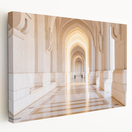 Side view of a stretched canvas featuring a Middle Eastern desert scene in muted earth tones, suited for kitchen wall art.