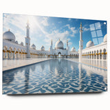 Large abstract wall art of Abu Dhabi skyline in muted blue and gray tones on acrylic glass.