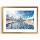 Extra large abstract art print of Abu Dhabi scenery in textured gold frame, ideal for living room decor.