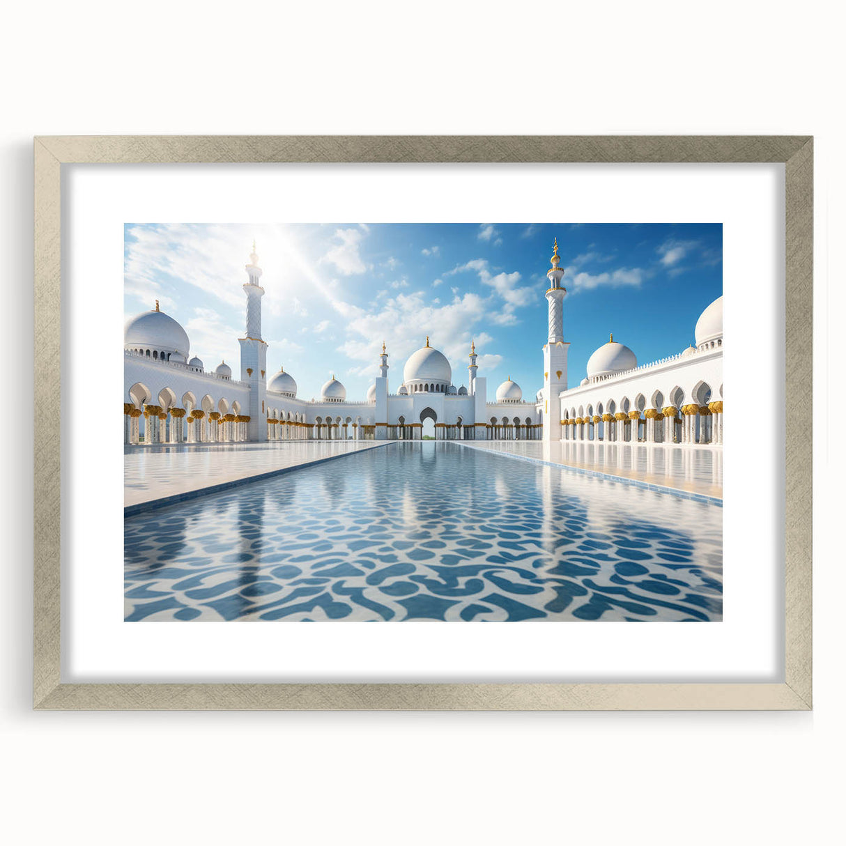 Textured abstract art print of Abu Dhabi skyline in muted silver and gray tones on a framed canvas, ideal for bedroom art.