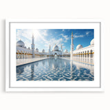 Abstract art print of Abu Dhabi skyline in muted gray and blue tones on a framed white mat, ideal for dining room decor.