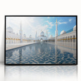 Large abstract wall art of Abu Dhabi skyline in muted gray and blue tones on a framed acrylic.