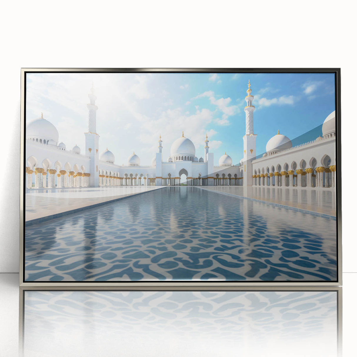 Mid-century modernist art of Abu Dhabi skyline in silver acrylic frame, suitable for modern art wall decor.