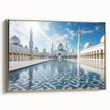 Framed canvas wall art featuring a vintage-style landscape painting of Abu Dhabi, with prominent black and gold tones.