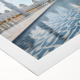 Art deco poster of Abu Dhabi skyline in muted earth tones on rolled canvas, ideal for dining room wall art.