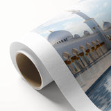 Art Deco style poster of Abu Dhabi skyline in muted metallic tones on rolled canvas, ideal for nursery wall art.