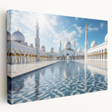 Panoramic Abu Dhabi cityscape on large stretched canvas with vibrant blue and sunset orange tones.