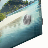 Large abstract wall art depicting an oceanic Fiji scenery in vibrant blue and turquoise hues on acrylic glass.