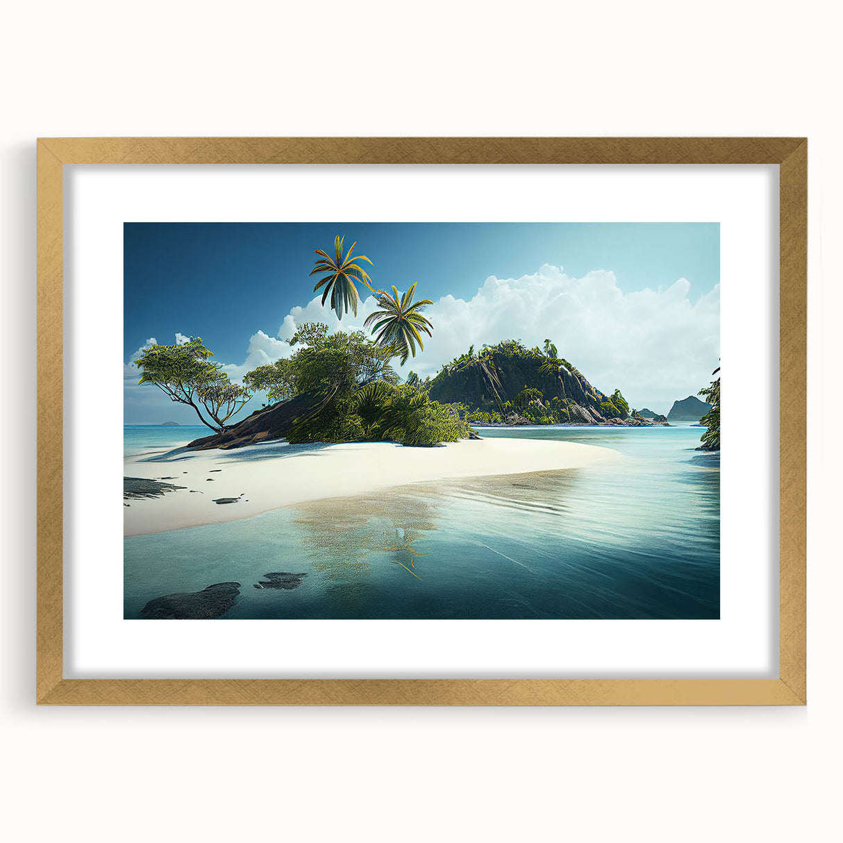 Abstract art print depicting textured oceanic scenery in muted blues and greens on a large framed canvas.