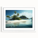 Abstract art print of a serene Fiji landscape in cool blue and green tones on a framed white canvas.