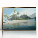 Large art print of an Oceania Fiji scenery in muted blue and green tones on a gold-framed acrylic.
