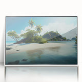 Art Deco-style poster of a Fiji ocean scene in muted blue and white tones, framed acrylic, suitable for modern nursery decor.