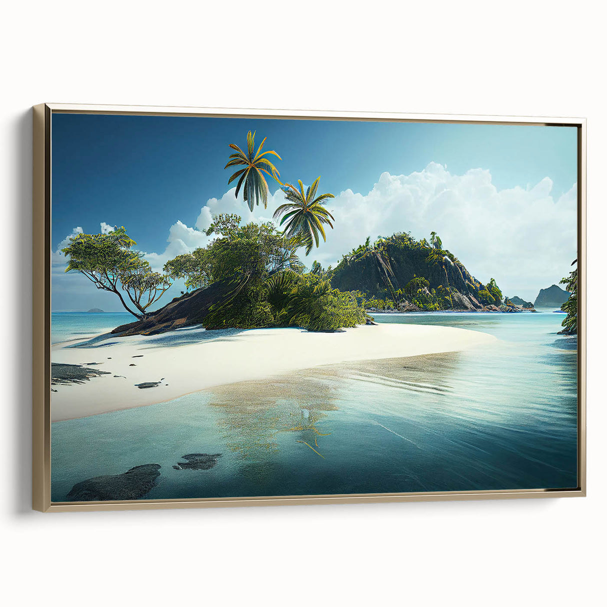 Framed canvas featuring a vintage-style landscape painting of Oceania, Fiji with black and gold tones.