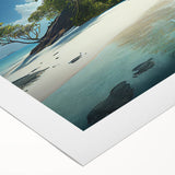 Art deco poster featuring a serene Fiji beach scene in cool blues and greens, printed on rolled canvas.