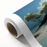 Art Deco style poster of a serene Fiji landscape on rolled canvas, with soft blue and green tones.