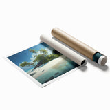 Extra large rolled print of a serene Fiji beach scene with soft blue and sandy tones, ideal for classy bathroom wall art.