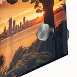 Abstract depiction of Auckland's landscape in muted earth tones on a large acrylic glass, suitable for dining room art.