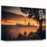 Large abstract depiction of Auckland's oceanic skyline in muted blues and greens on an acrylic print.