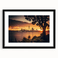 Colorful abstract art print of Auckland scenery on textured canvas, framed in black, ideal for living room decor.