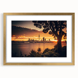 Extra large abstract art print of Auckland scenery, featuring textured blue and green hues on a gold-framed canvas.