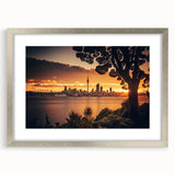 Textured abstract art print of Auckland skyline in muted gray and blue tones on a framed canvas, ideal for bedroom art.