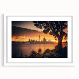 Abstract art print of Auckland's skyline in muted blue and gray tones on a framed white canvas.